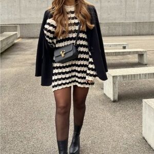 Zara Black and White Pointelle Striped Sweater Dress